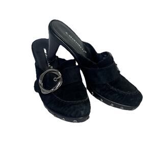 A. Marinelli Mules Heels Shoes sz 7.5M Black Suede Leather Silver Buckle Studs